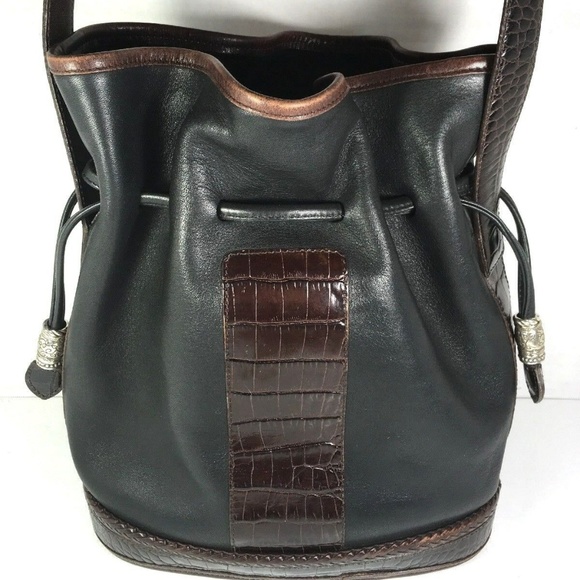 Bucket Bag Vtg Black Leather Brown Reptile Print - Picture 2 of 8